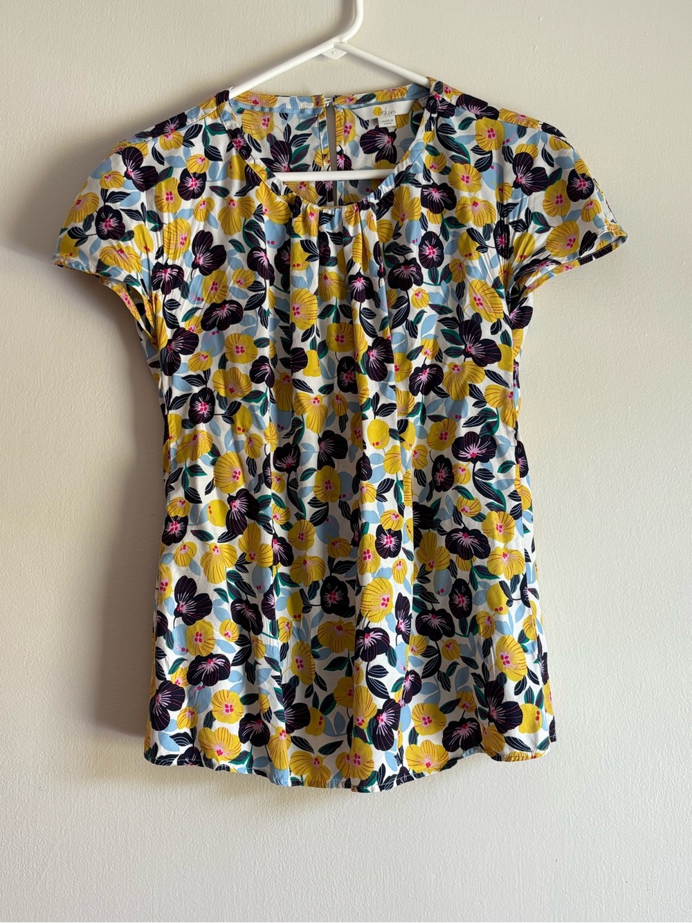 Boden Floral Cap-Sleeve Top in Yellow, Black and Teal